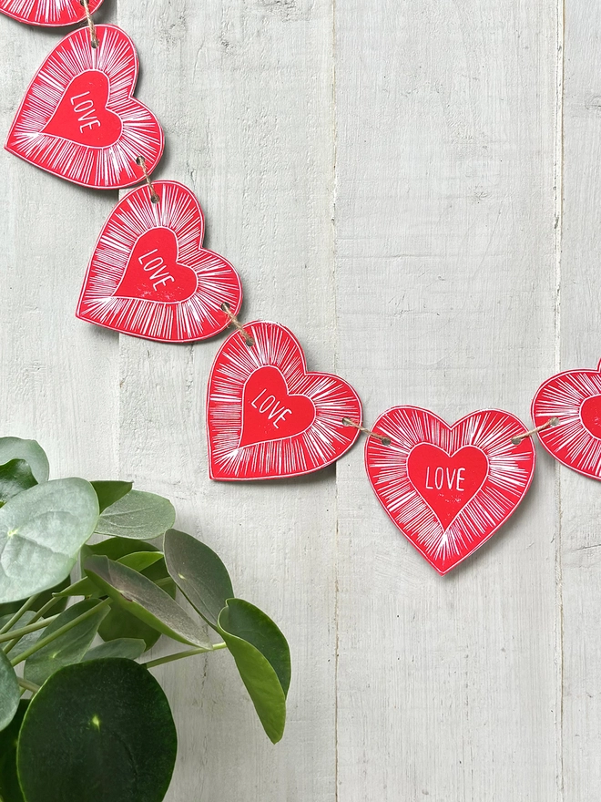 Heart Garland "Love Within" Linocut Hanging Decoration