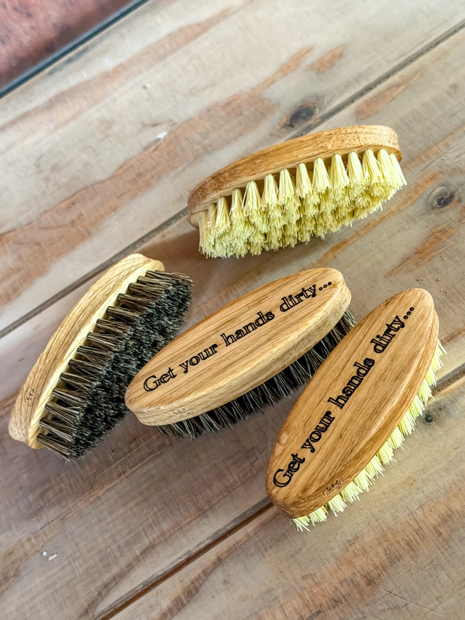 Oak-backed nail brush with natural bristles, engraved Get your hands dirty