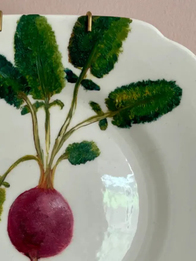 Detail of Fine Art Oil Painted Radish On A vintage Tea Plate 