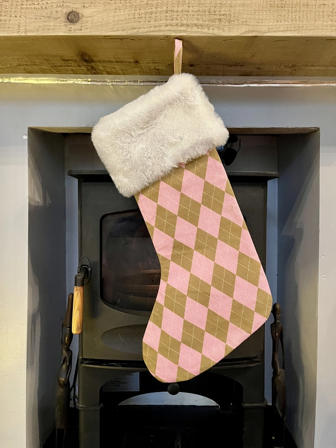 Pink and Olive Argyle with White Fur Cuff 