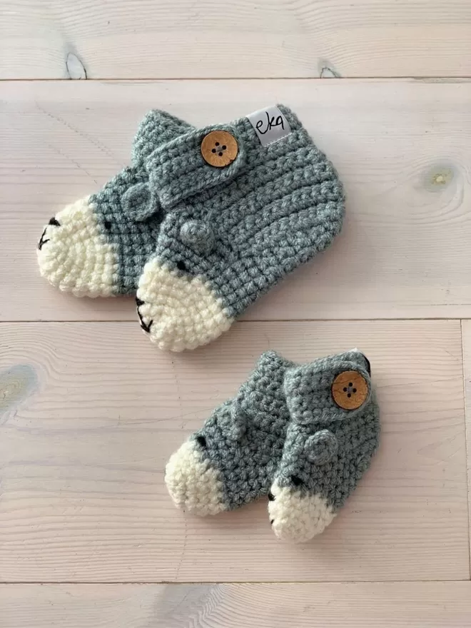 EKA Animal Booties seen in a large and a small size.