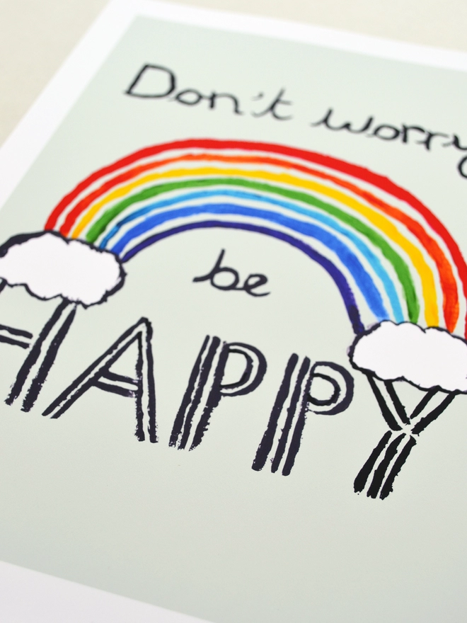 Close up of an art print saying ' Don't worry be happy'