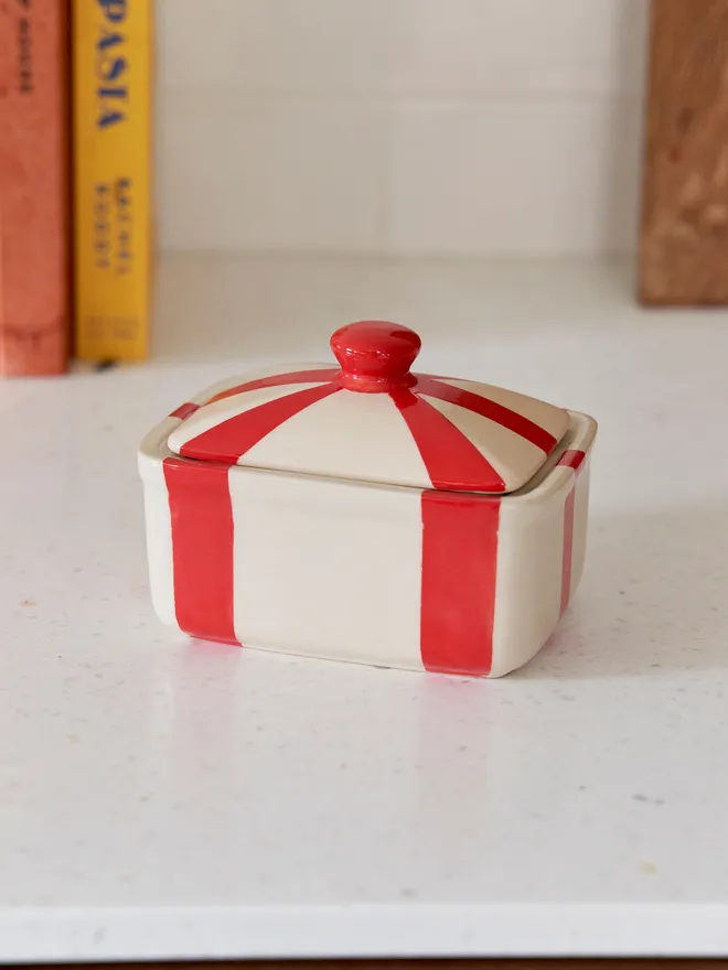 Handmade Ceramic Butter Dish, a red patterned butter dish 
