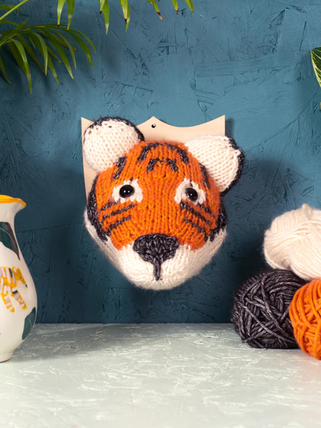 Tiger Head Knitting Kit. A small tiger knit kit completed and mounted.