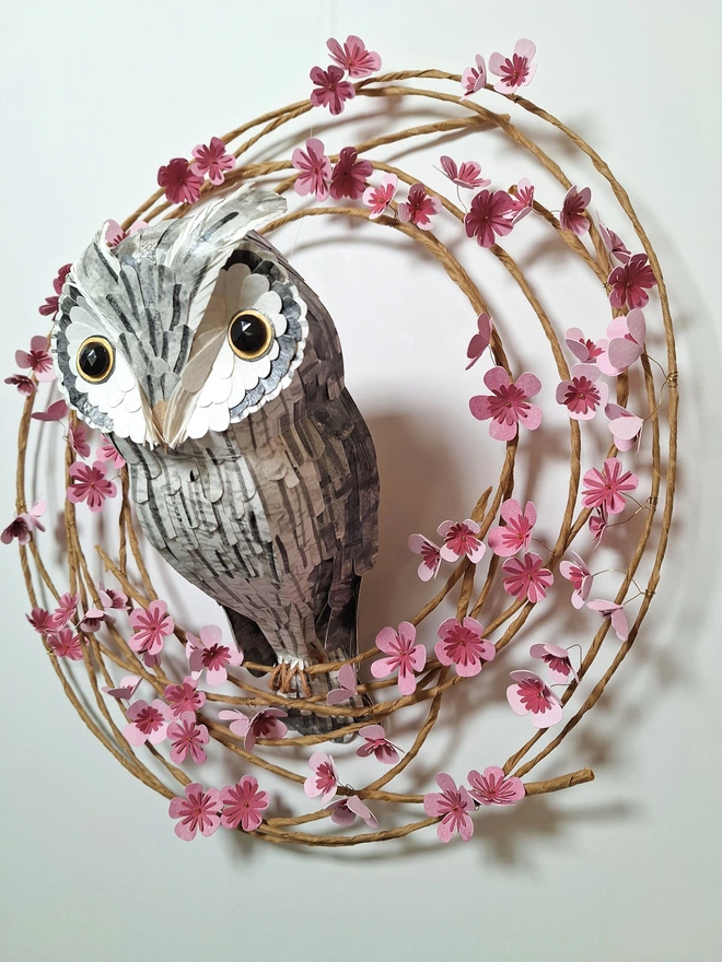 spring wreath wall art, with a white faced owl paper sculpture