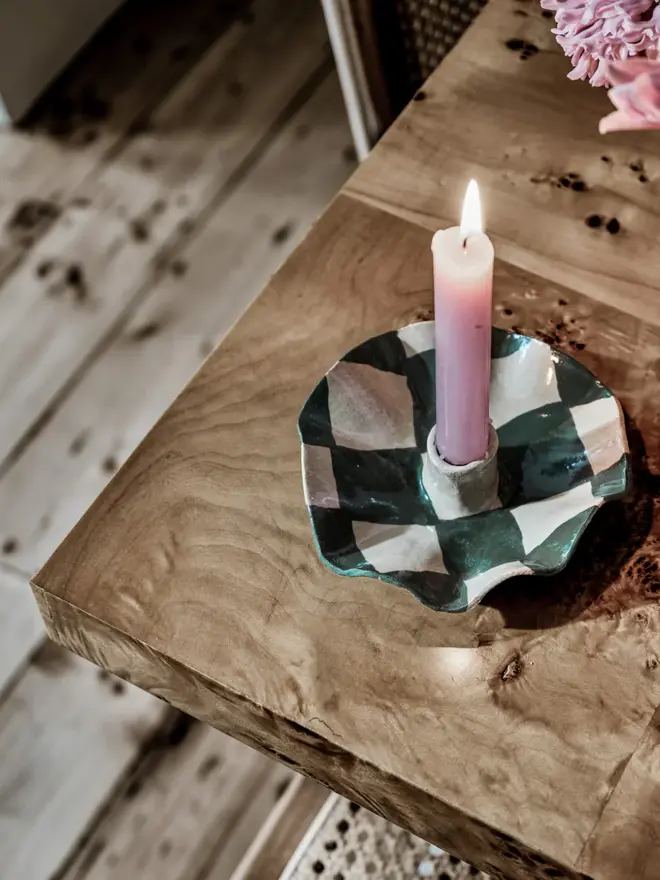 Green Check Scalloped Candle Holder