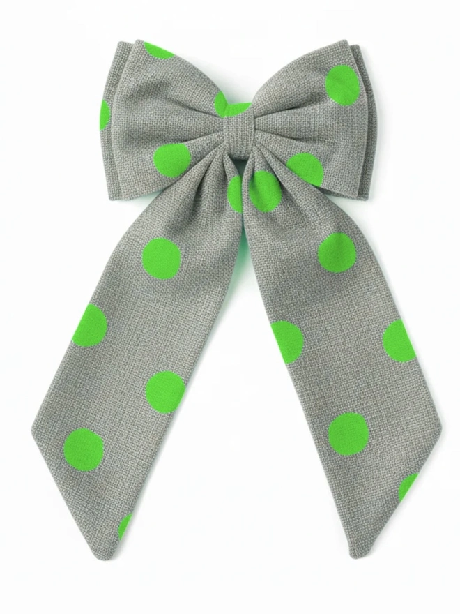 Over Sized Linen Polka Dot Bow Hanging Christmas Decoration, , neon green polka dot bow placed in front of a white background. 