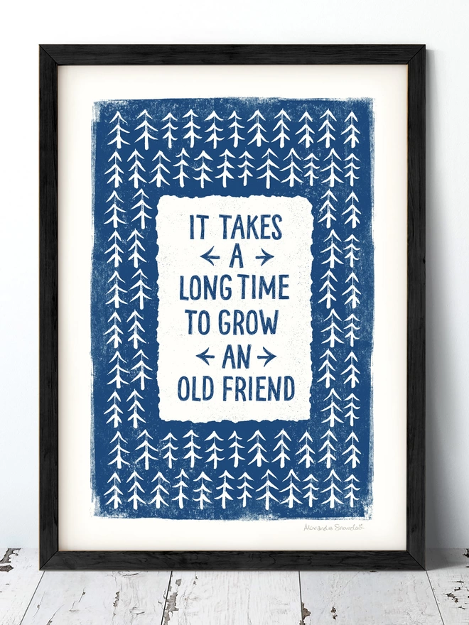 old friends friendship print with friendship quote in black frame on white wood floor