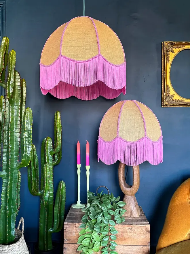 Fringed Dome Hessian Lampshade With Pink Trim
