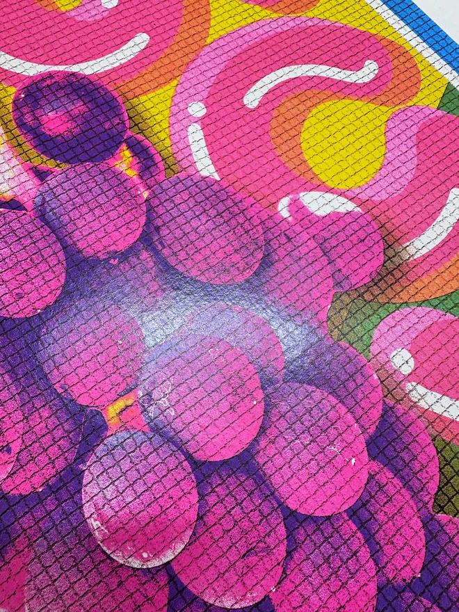 juicy typographical retro screenprint with grapes and tiled mosiac floor