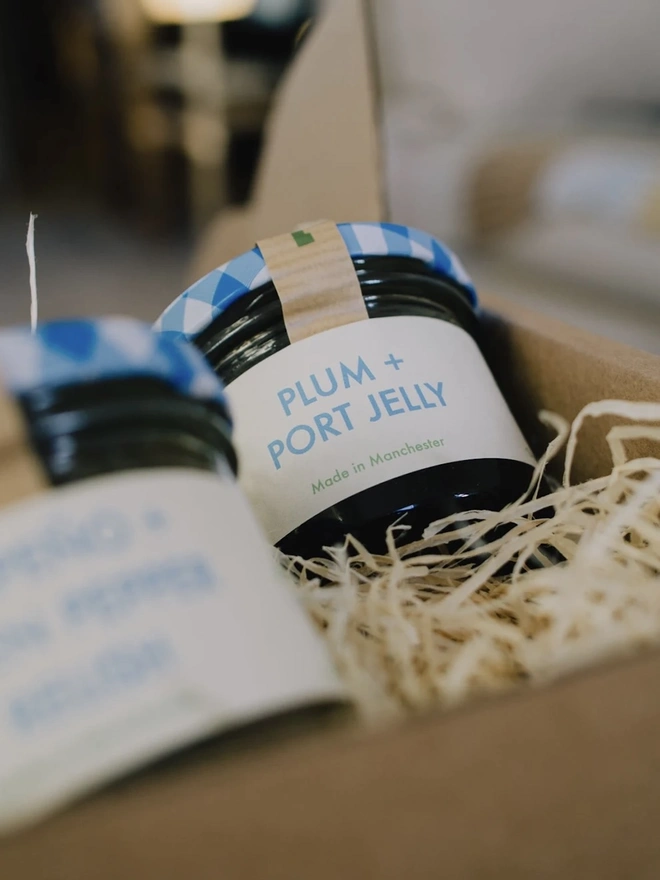 Jar Of Plum & Port Jelly, jars of jelly packaged together. 