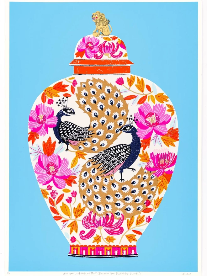 Peacock Vase Are You Looking At Me (You Probably Should), a colourful vase design on a blue screenprint. 