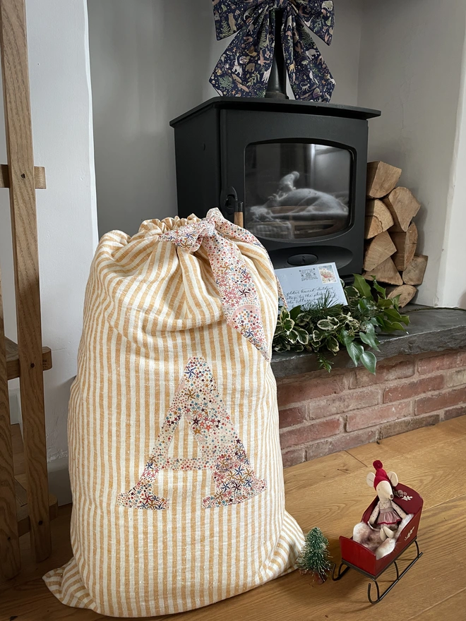 Gold Striped Linen Gift Sack with Liberty Letter