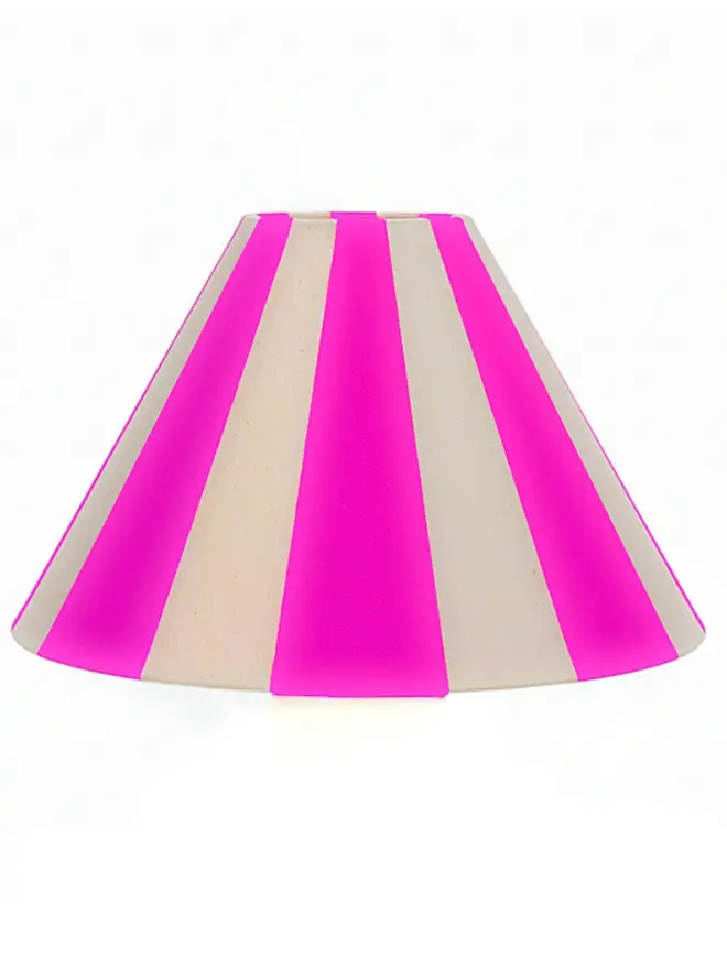 Hand Painted Upcycled Striped Large Drum Lampshade, a neon pink striped lampshade sitting against a white background. 