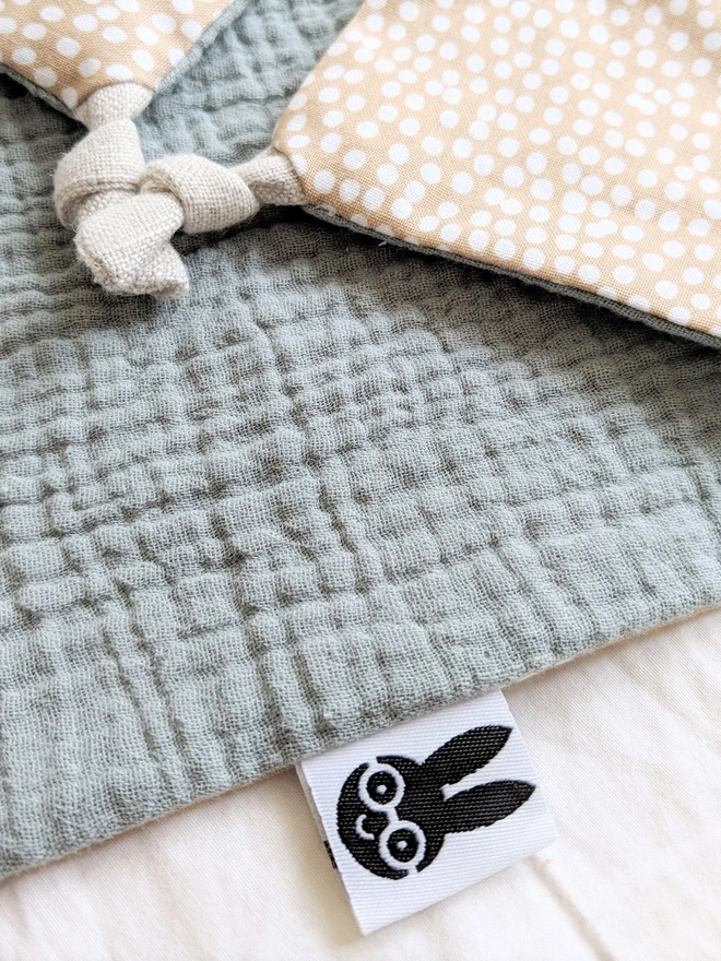 Fawn baby comforter blanket with beige and white spot cotton and sage green double gauze