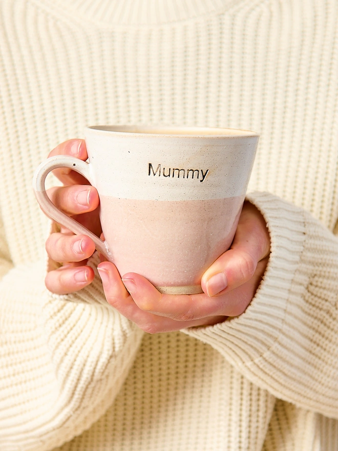 pink ceramic mummy coffee mug