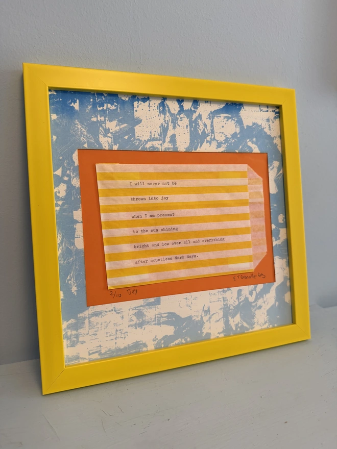 joy wall art framed poetic print yellow orange blue