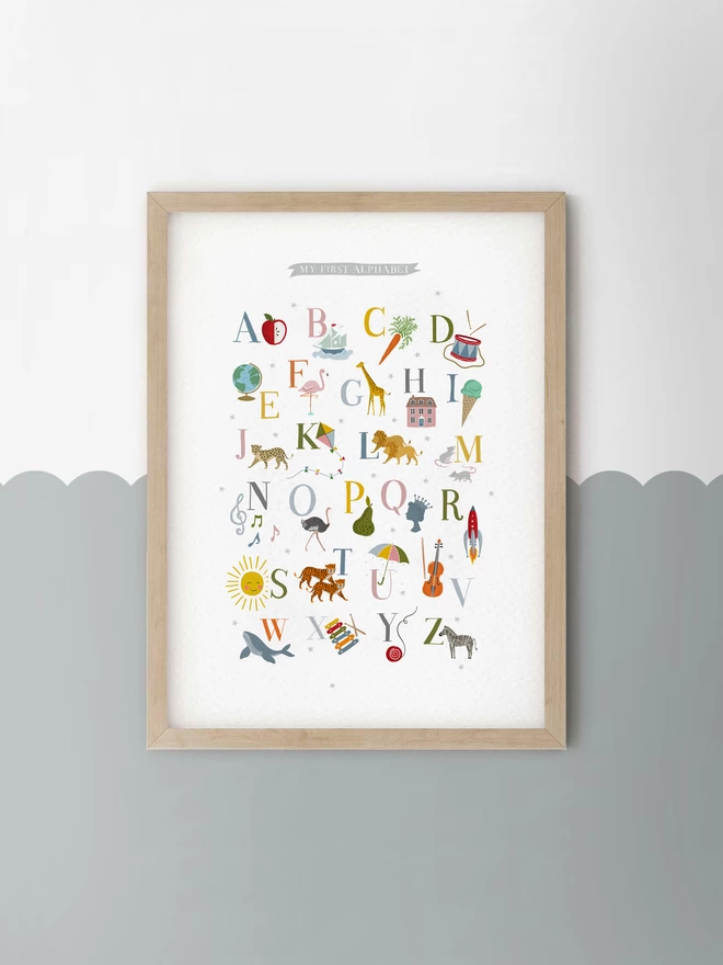 My First Alphabet Nursery Wall Print framed on scallop painted wall