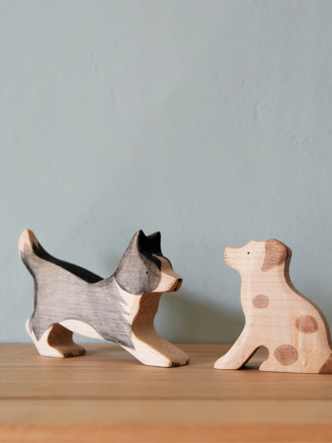 Handmade ecofriendly wooden toy figurines, border collie and jack russell figures made by hand by Eric and Albert made in Wales, UK