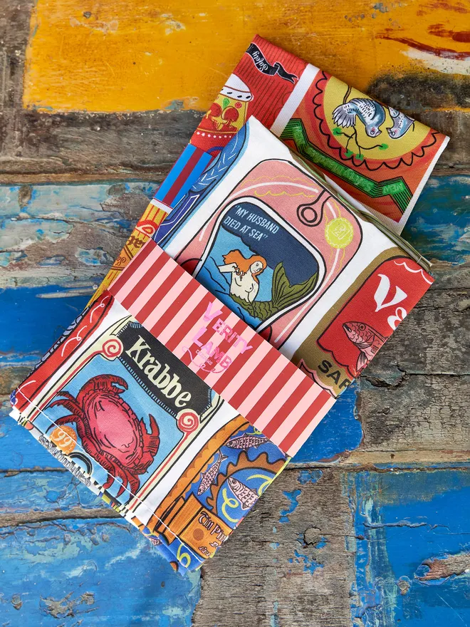 sardine tin design tea towel