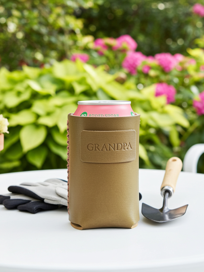 green leather can holder sitting on a garden table with the name GRANDPA stamped on it.