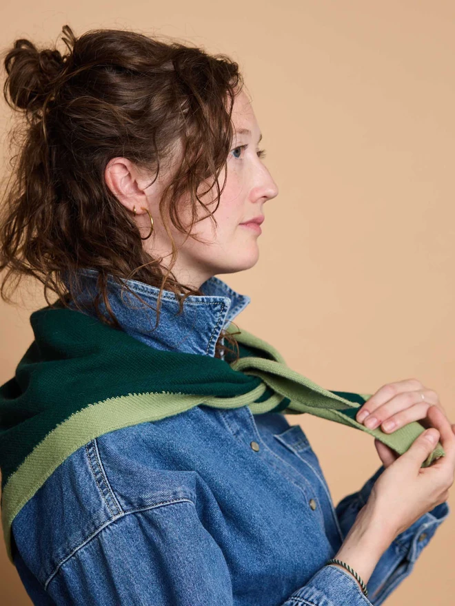 woman wearing green wool neckerchief