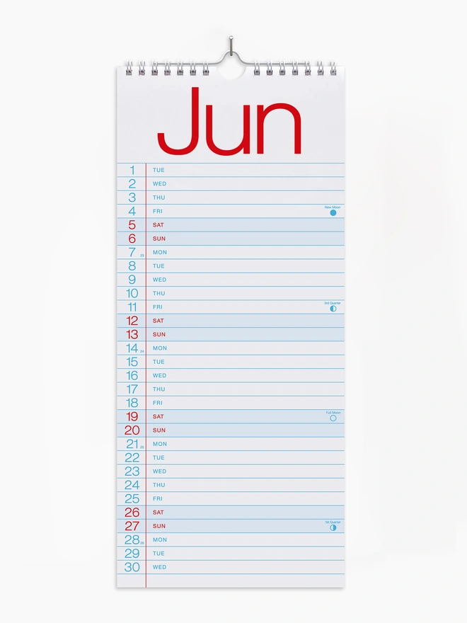 Wiro bound 2027 wall hanging calendar with blue and red graphics, in a simple graphic clear style, showing the month June