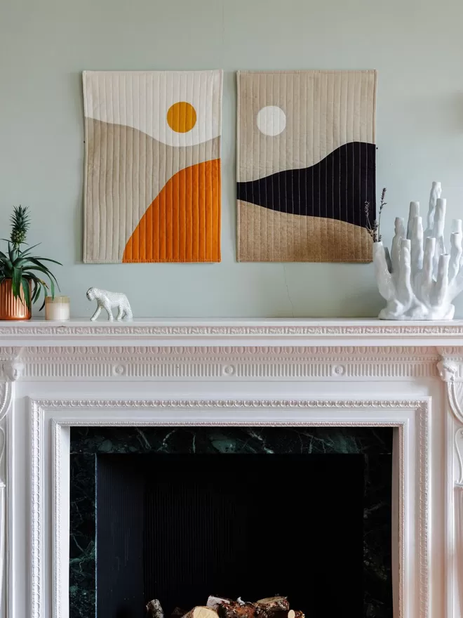 Sunrise & Moonrise Quilt Set Above Fireplace