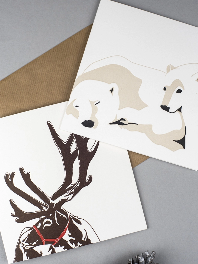 Close up of the reindeer and polar bear cards that are made and printed in the UK