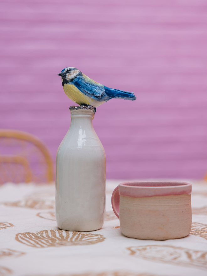 Milk Thief - Bluetit ceramic bottle sculpture