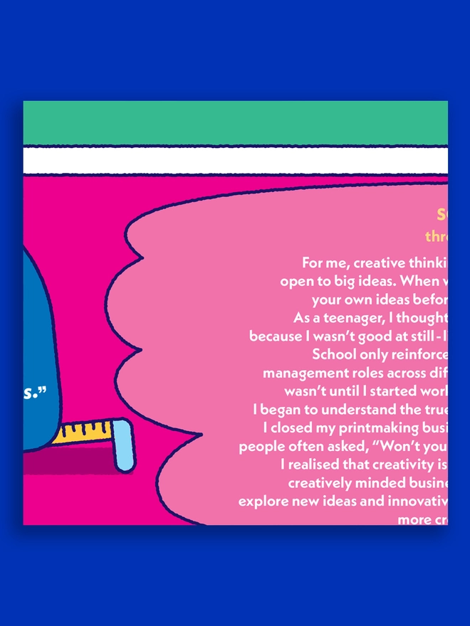 pink, green, blue and yellow snippet of much larger illustrated image, showing some white text