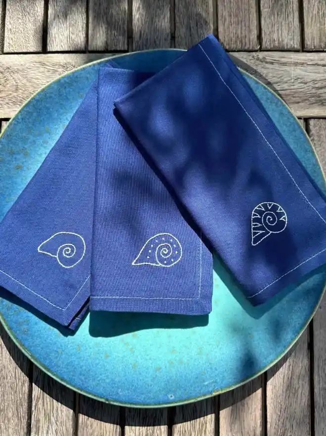 seashell embroidered napkins in blue