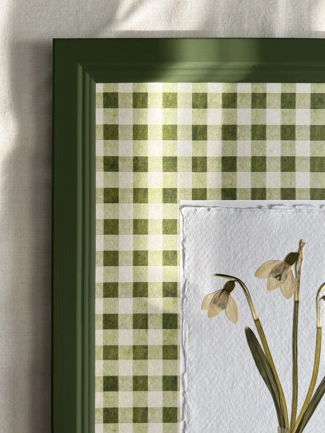 close up of top left corner of pressed snowdrops in green painted frame