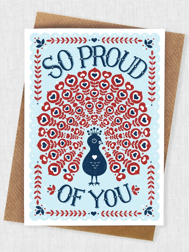 proud of you peacock card in red white and blue