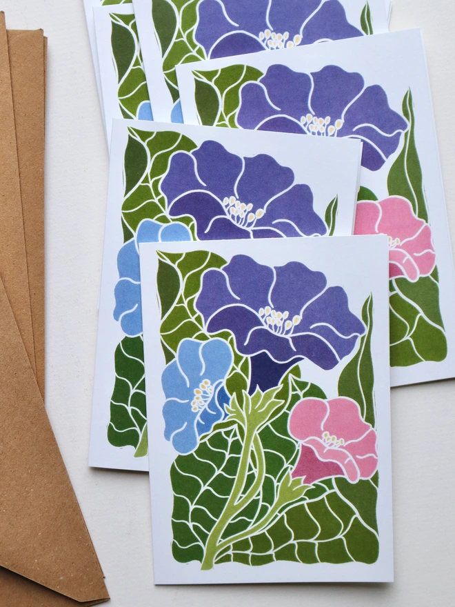Pack of 8 morning glory greeting cards with recycled kraft brown envelopes showing modern cottagecore floral design