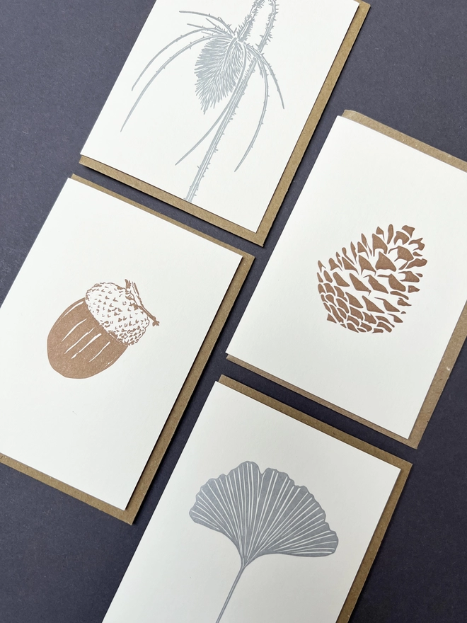 Close up of all four letterpress printed garden treasures