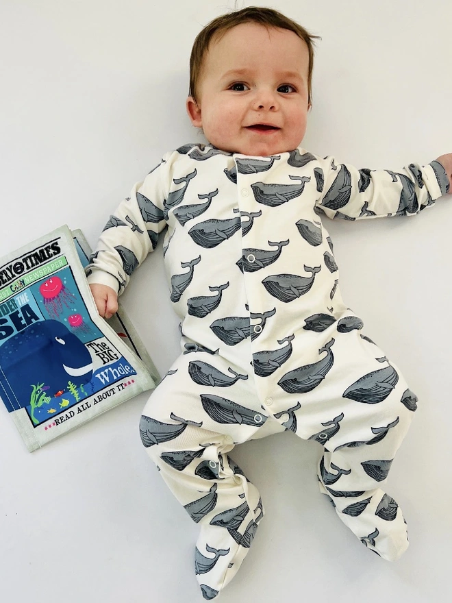 Cream 'Whale' Organic Cotton Baby Sleep Suit