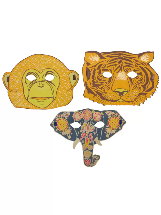 Full shot of image of 3 new masks including elephant, tiger and monkey