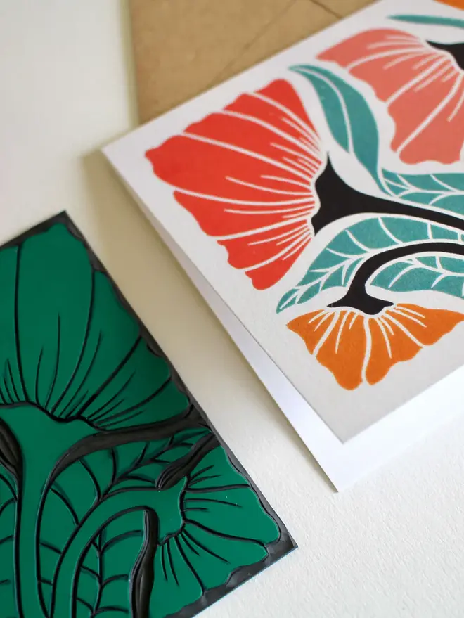 happy floral linocut card