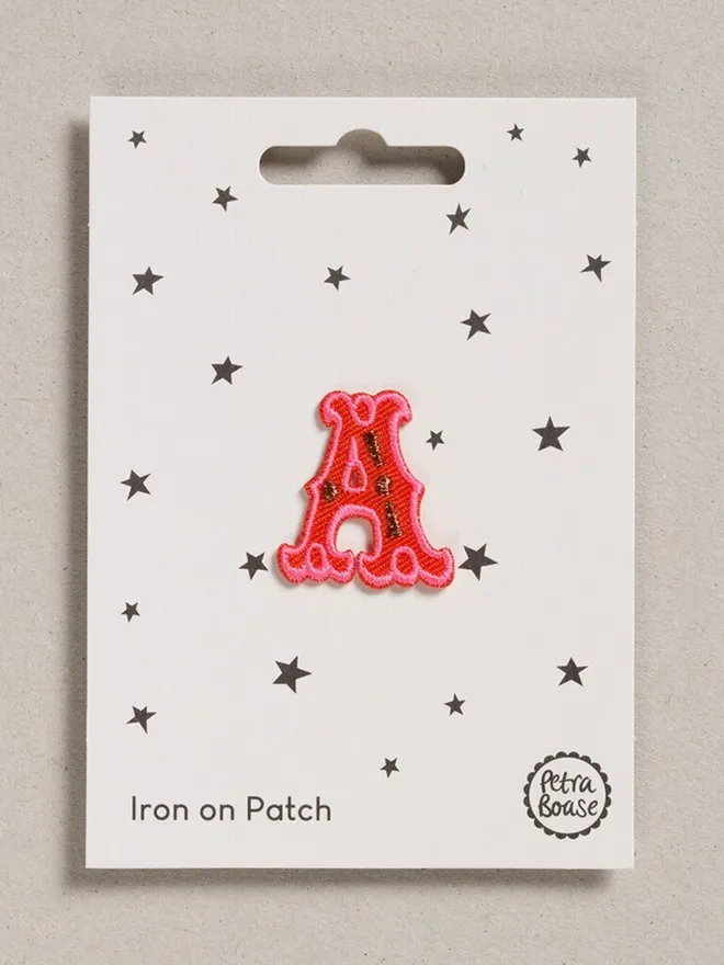 Alphabet letter A embroidered iron on fabric patch.