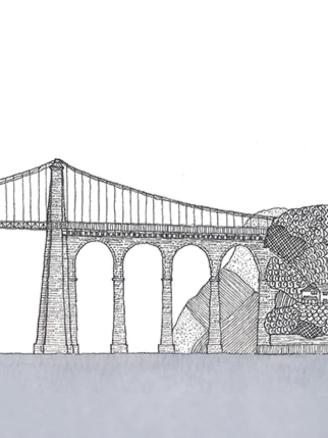 Print of a detailed pen and watercolour drawing of the Menai Bridge, North Wales in a soft white mount