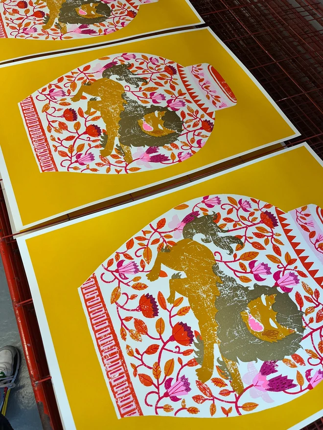 Lion Ginger Jar Lollapalooza Lion Jar, a group of colourful lion jar designs on yellow screenprints. 