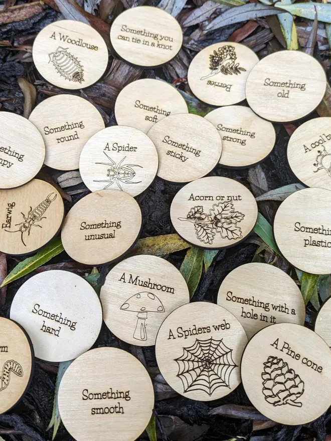 Wooden Nature Trail scavenger and mindfulness discs engraved with prompts and nature illustrations, scattered on leaves and forest floor.