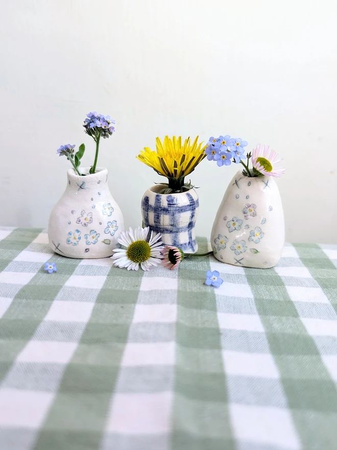 forget me not and blue gingham miniature vase on a green gingham cloth with dandelion and forget me not flowers in and hand painted illustration