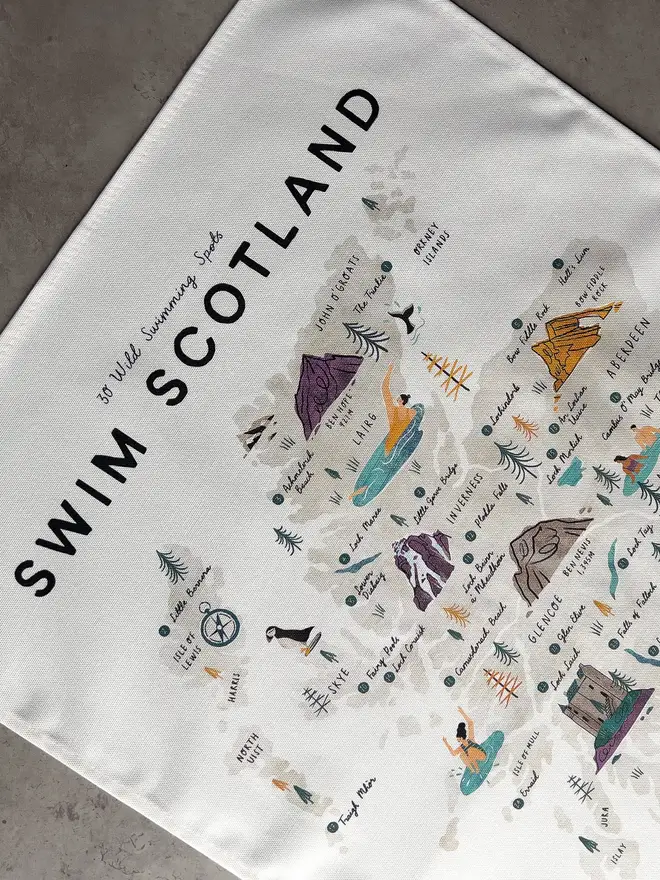 swim scotland map tea towel