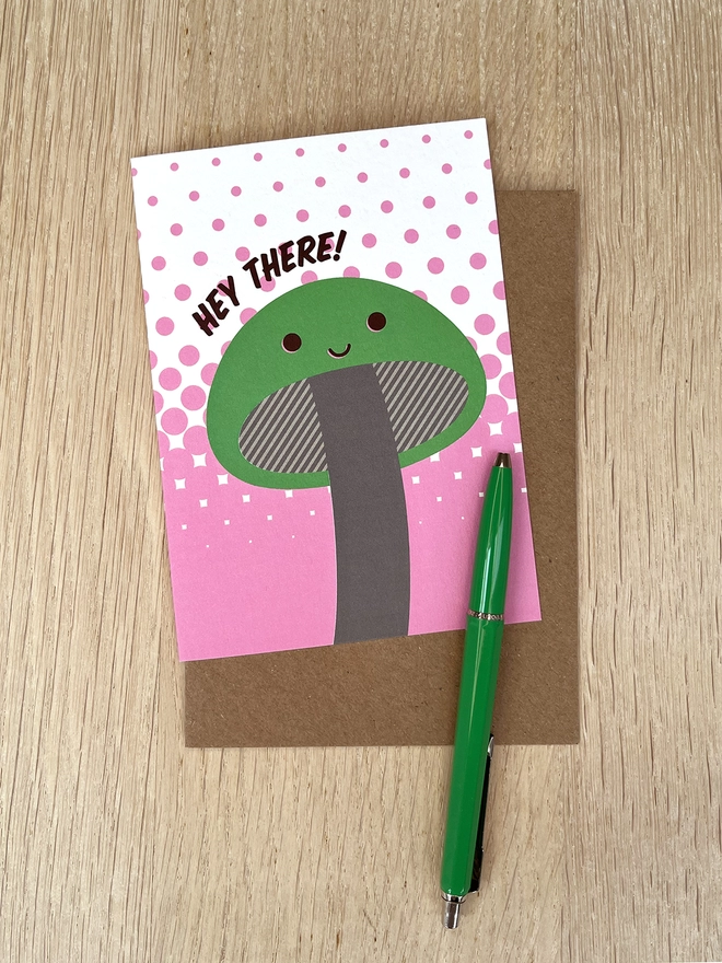 Hey There! greetings card with green mushroom