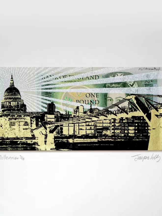 One pound British Bank Note with view of London printed on top with platinum glitter