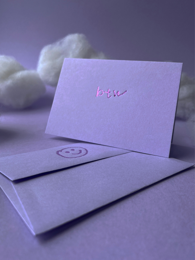 lavender coloured card with btw hand foiled in kids hand writing
