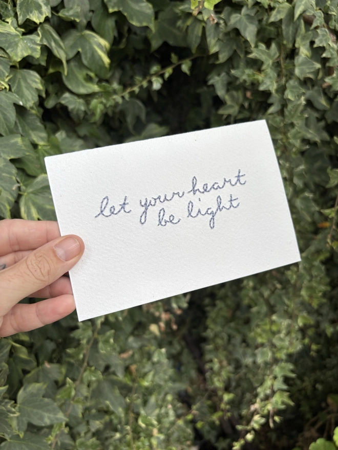 Let your heart be light embroidery on paper Christmas card