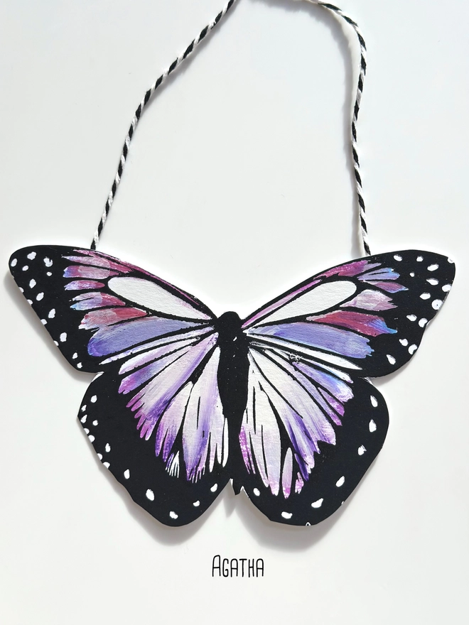 Hand Painted Butterfly Colourful Linocut Hanging Decoration In purple magenta lilac and black